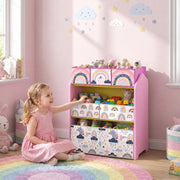 Girl tidying toys onto the pink toy rack in a playroom beside a rainbow rug
