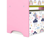 Close-up of the pink toy rack side panel and large unicorn-print bin