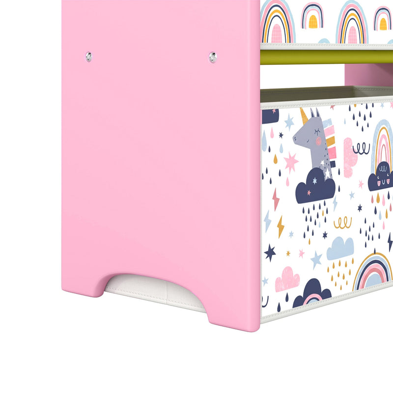 Close-up of the pink toy rack side panel and large unicorn-print bin