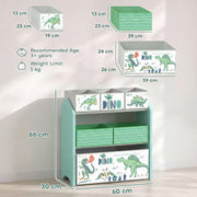 Dimensions diagram of the green toy rack showing 60 x 30 x 66 cm, bin sizes and 5 kg limit