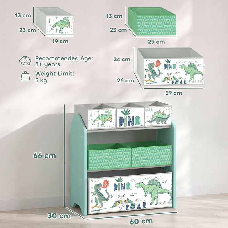 Dimensions diagram of the green toy rack showing 60 x 30 x 66 cm, bin sizes and 5 kg limit
