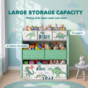 Green toy rack labelled with 3 layers and 6 fabric drawers, full of toys