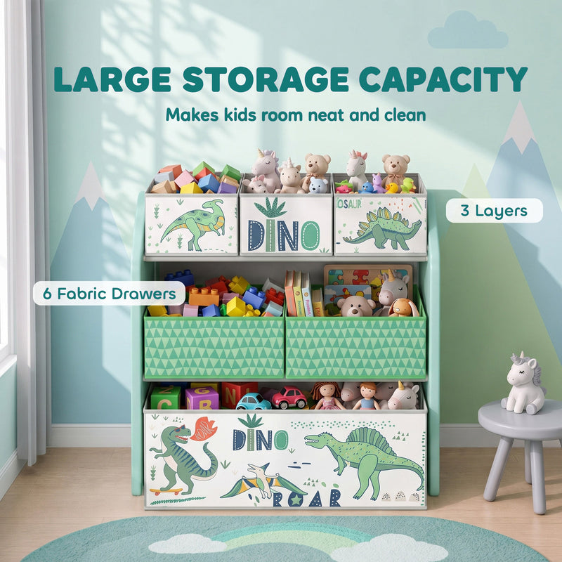 Green toy rack labelled with 3 layers and 6 fabric drawers, full of toys