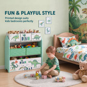 Green toy storage rack beside a child's bed with a boy playing on the rug