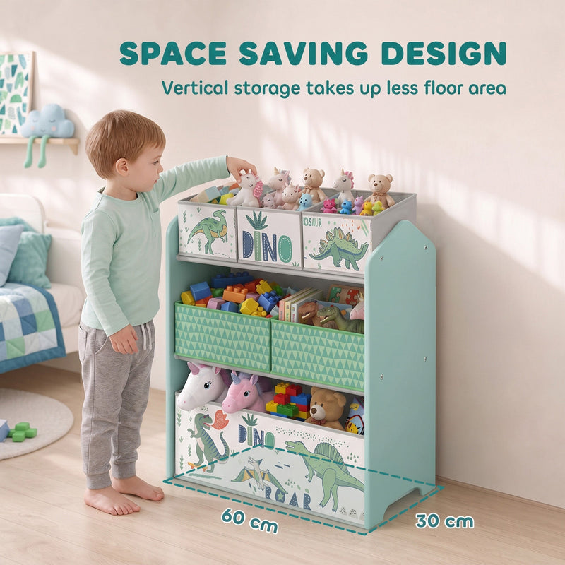 Space-saving green toy rack showing its 60 cm width and 30 cm depth
