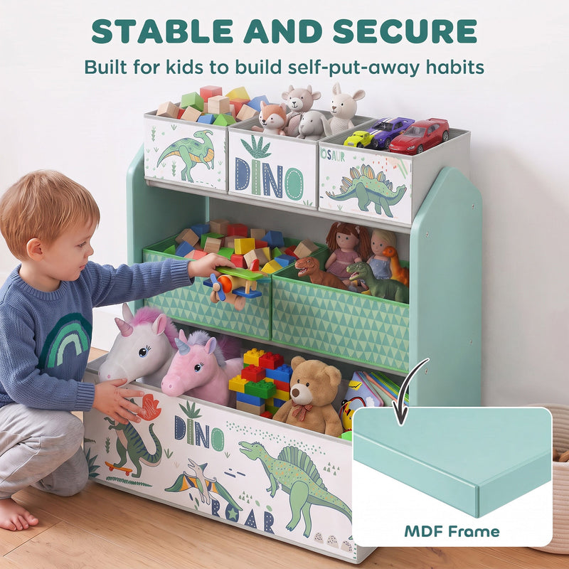 Child lifting out the large bin of the green toy rack with an MDF frame callout