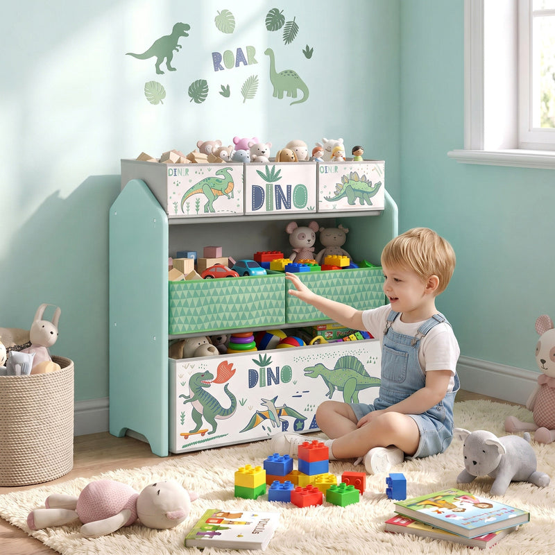 Toddler playing with blocks in front of the green toy storage rack