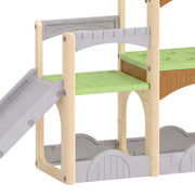 Close-up of the green platform and grey lower panels with a castle design