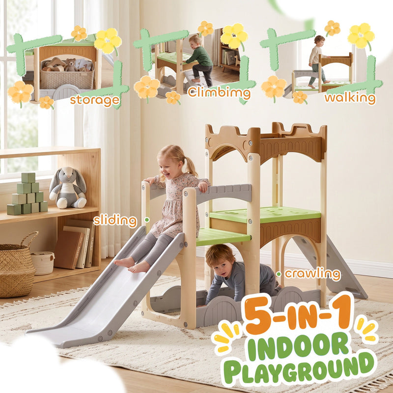 Playset labelled 5-in-1 with storage, climbing, walking, sliding and crawling areas