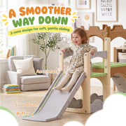 Girl at the top of the slide with the accelerate, slow down and buffer zones marked