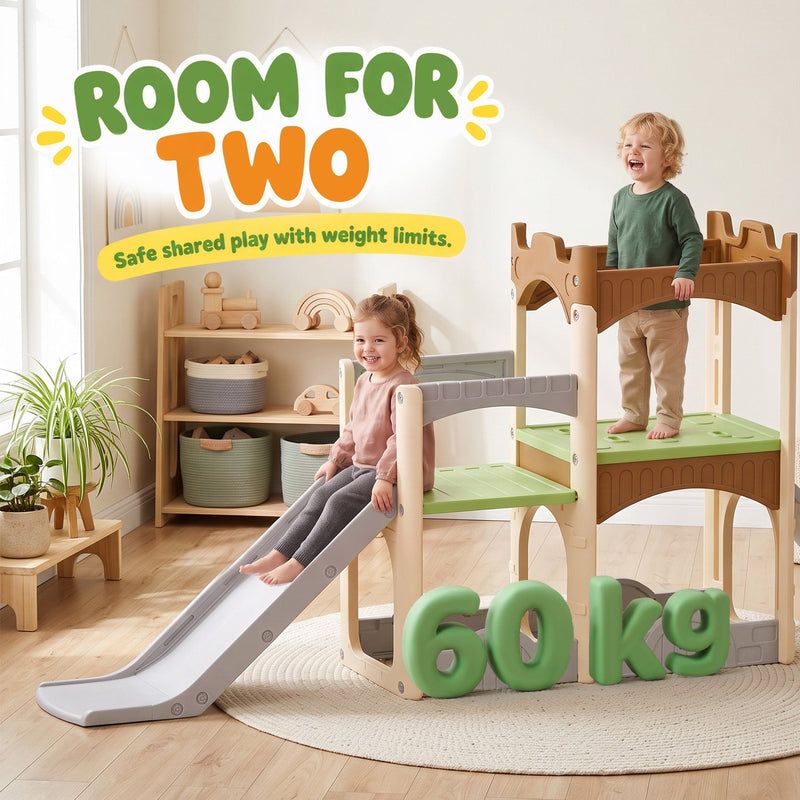 Two children on the playset with a 60 kg weight limit callout