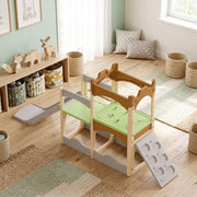 Playset with climbing wall footholds in a children's room
