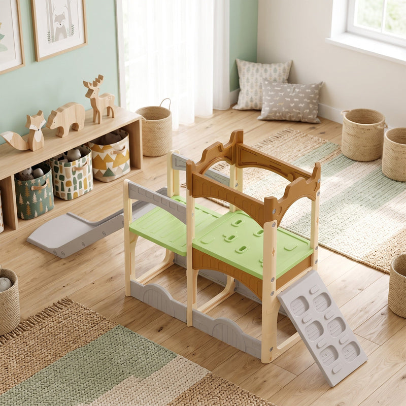Playset with climbing wall footholds in a children's room