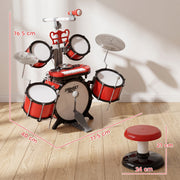 Close-up of the keyboard and microphone on the red drum kit