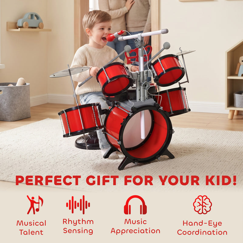 Red stool included with the kids drum kit