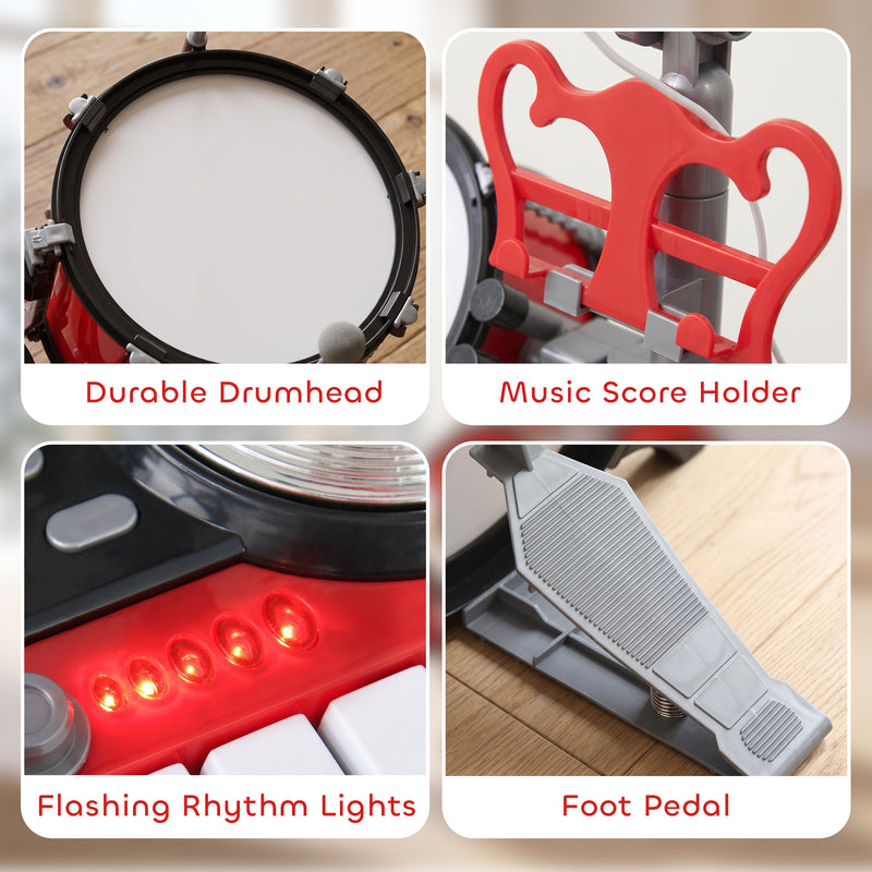 Cymbals and drum sticks included with the red drum kit