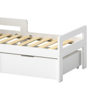 Close-up of the white kids bed slats, guard rail and storage drawer