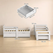 Dimensions diagram of the grey kids bed: 144 x 76 x 57 cm, drawer 71.5 x 66.5 x 20 cm