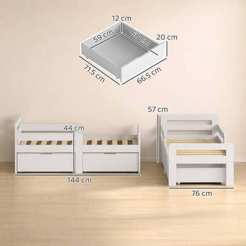 Dimensions diagram of the grey kids bed: 144 x 76 x 57 cm, drawer 71.5 x 66.5 x 20 cm
