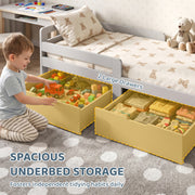 Child pulling toys from the 2 large under-bed drawers of the grey kids bed