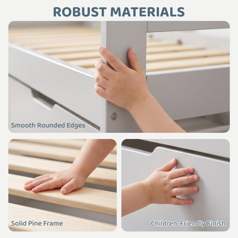 Close-ups of smooth rounded edges, solid pine slats and child-friendly finish on the grey bed