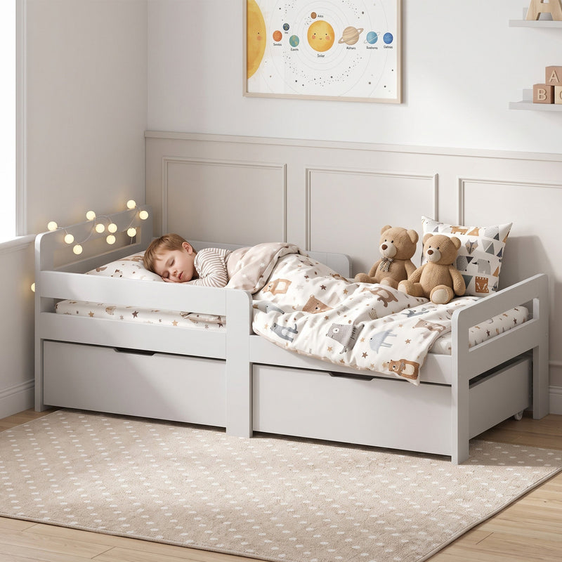 Grey kids bed with a sleeping child and teddy bears in a calm bedroom
