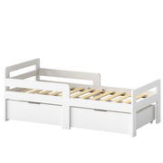 White kids bed frame with 2 storage drawers and guard rails on a plain background