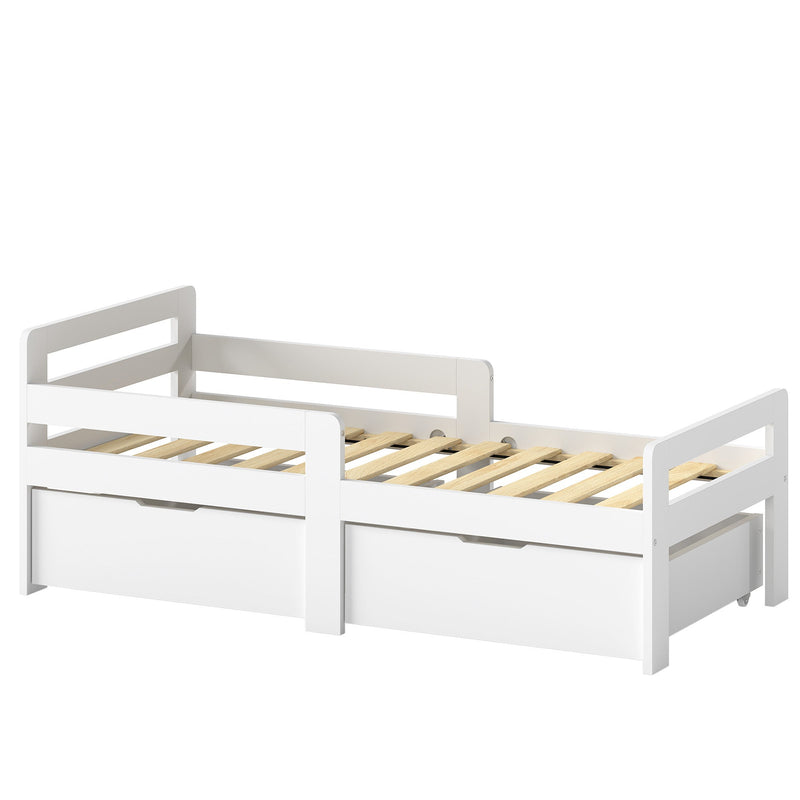 White kids bed frame with 2 storage drawers and guard rails on a plain background