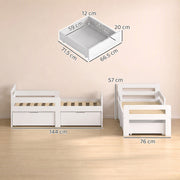 Dimensions diagram of the white kids bed: 144 x 76 x 57 cm, drawer 71.5 x 66.5 x 20 cm