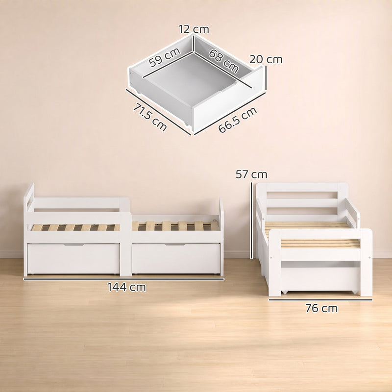 Dimensions diagram of the white kids bed: 144 x 76 x 57 cm, drawer 71.5 x 66.5 x 20 cm