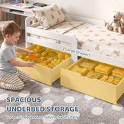 Child pulling toys from the 2 large under-bed drawers of the white kids bed
