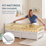 Parent fitting a 140 x 70 cm mattress onto the white kids bed frame