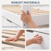 Close-ups of smooth rounded edges, solid pine slats and child-friendly finish on the white bed