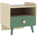 Green kids bedside table with open shelf and drawer, studio shot