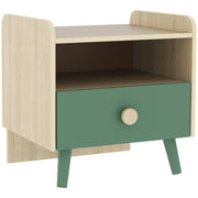 Green kids bedside table with open shelf and drawer, studio shot