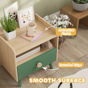 Close-up of the melamine tabletop finish and rounded drawer edge