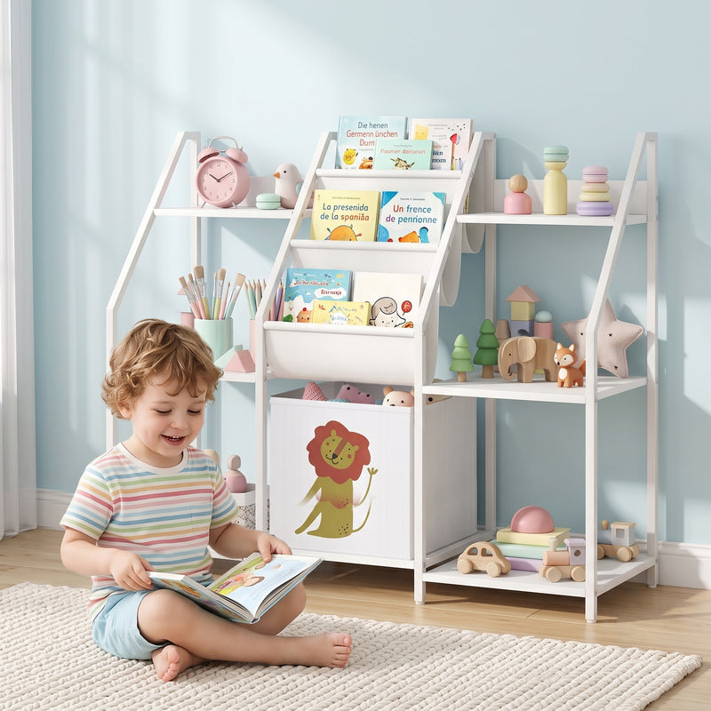 Front-facing shelf close-up showing children's books displayed cover-out