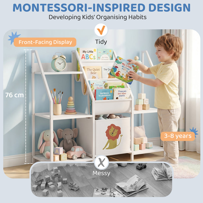 Bookshelf styled in a child's bedroom against a wall