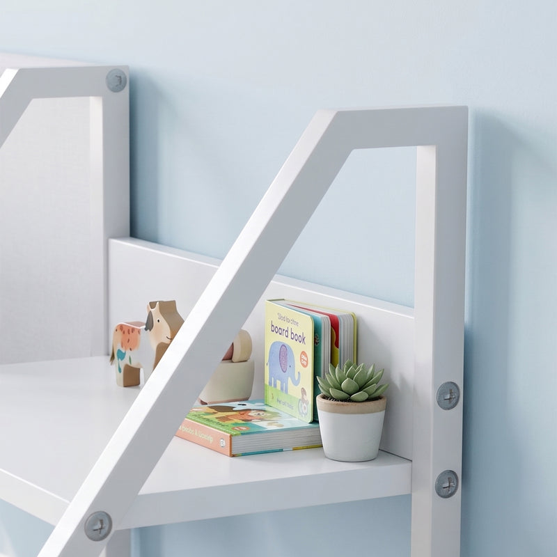 Materials close-up showing metal frame and particle board panels