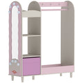 Pink kids clothes rail with an arched mirror, open shelves and a fabric drawer on a white background