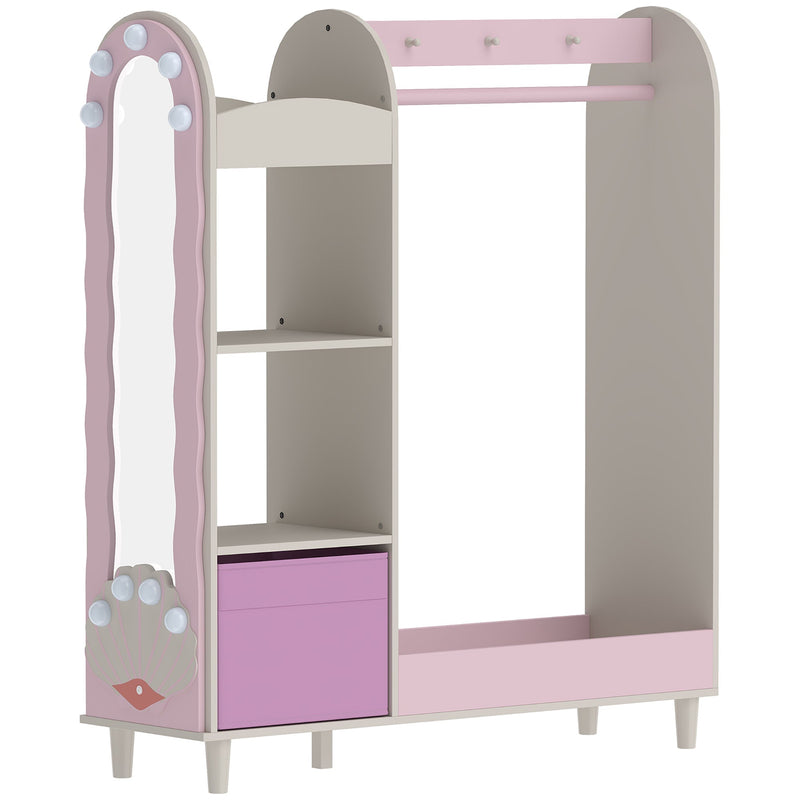 Pink kids clothes rail with an arched mirror, open shelves and a fabric drawer on a white background