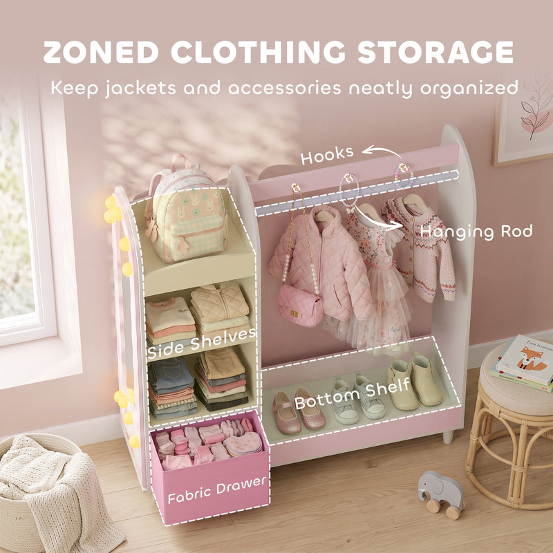 Storage panel labelling the hooks, hanging rod, side shelves, bottom shelf and fabric drawer