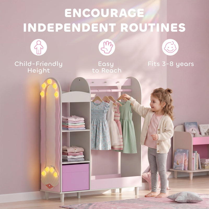 Girl reaching for a hanger, with icons for child friendly height and ages 3 to 8