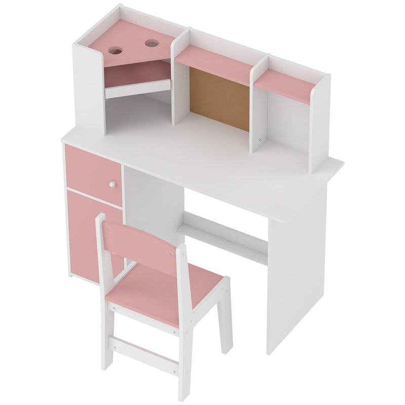 Aiyaplay pink and white kids desk and chair set, three-quarter view