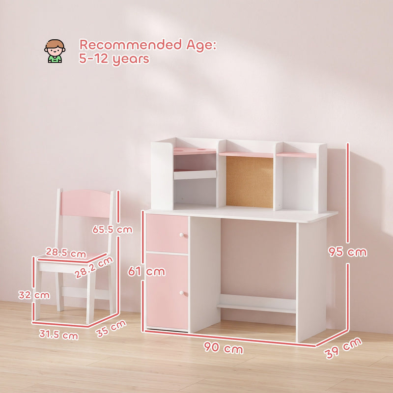 Dimension diagram of the kids desk and chair set showing 90 x 39 x 95 cm desk and 31.5 x 35 x 65.5 cm chair