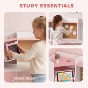Adjustable tablet stand, cork board and pen holder on the kids desk