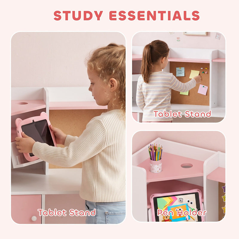 Adjustable tablet stand, cork board and pen holder on the kids desk