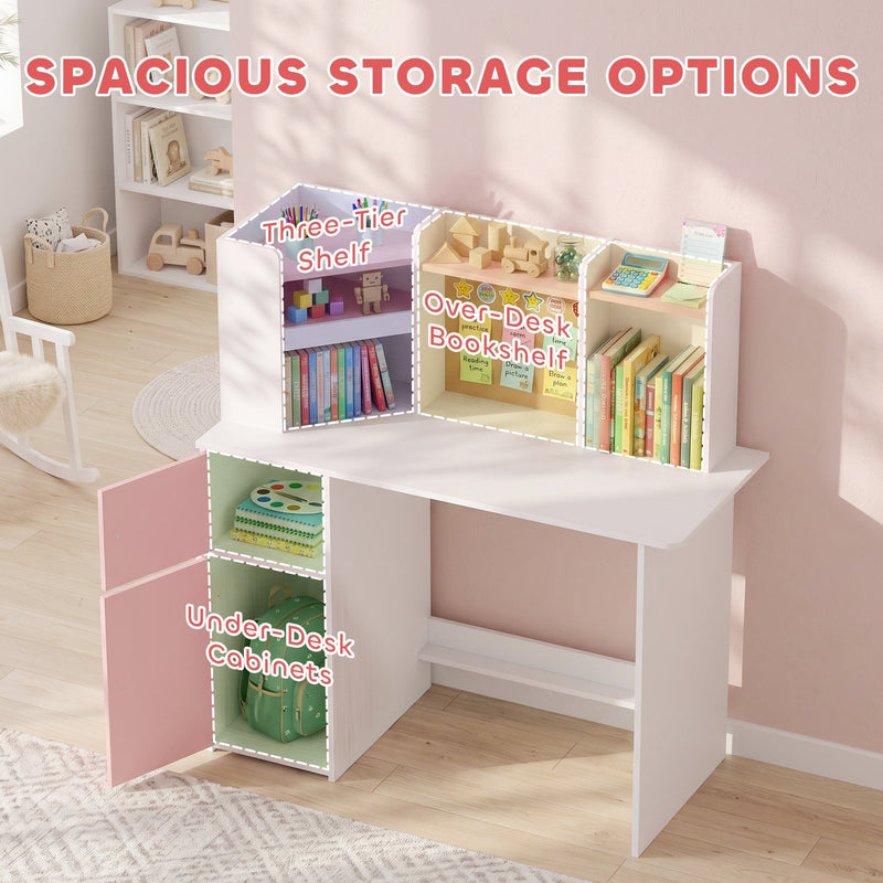 Three-tier shelf, over-desk bookshelf and under-desk cabinets on the kids desk