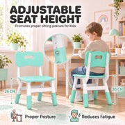 Boy at a desk on a kids chair, with 26 cm and 30 cm seat height settings marked