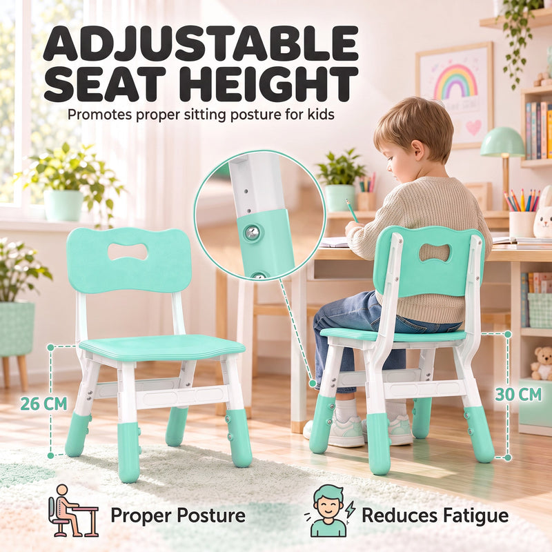 Boy at a desk on a kids chair, with 26 cm and 30 cm seat height settings marked
